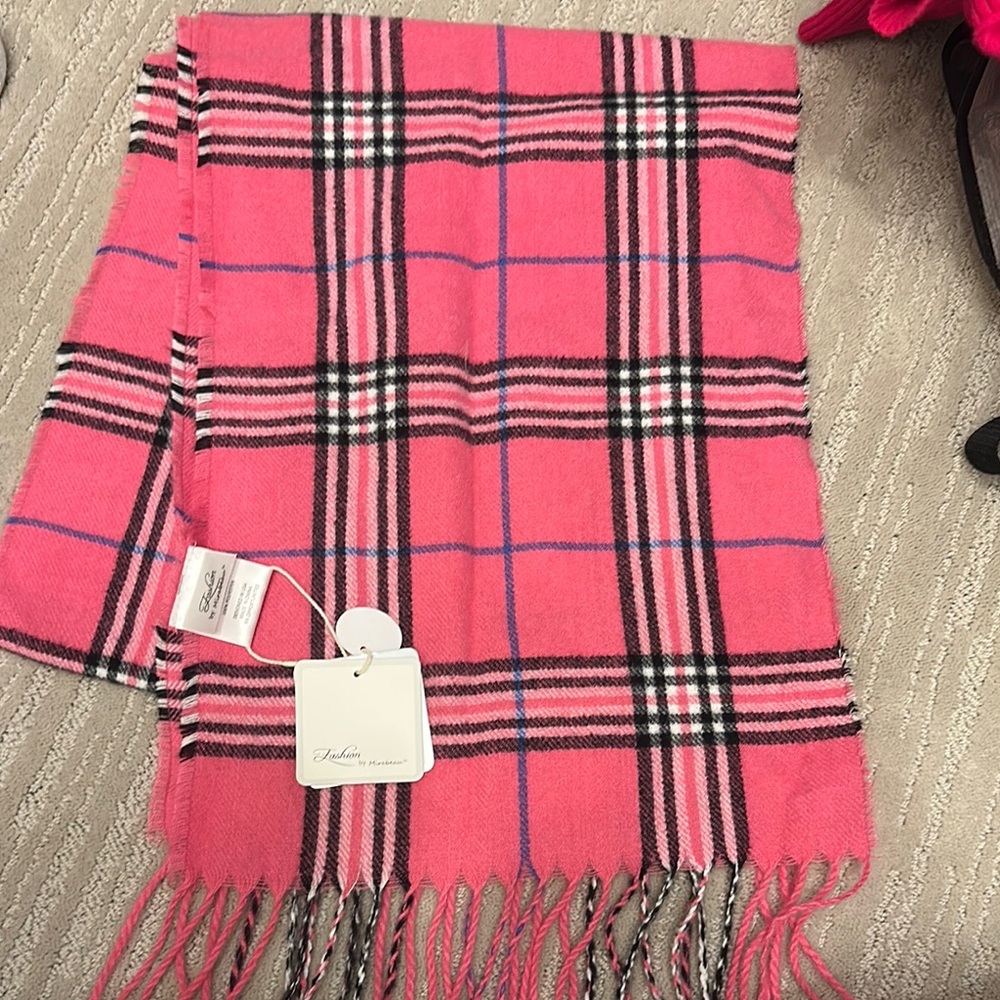 Pink and Black Plaid Scarf with Fringe